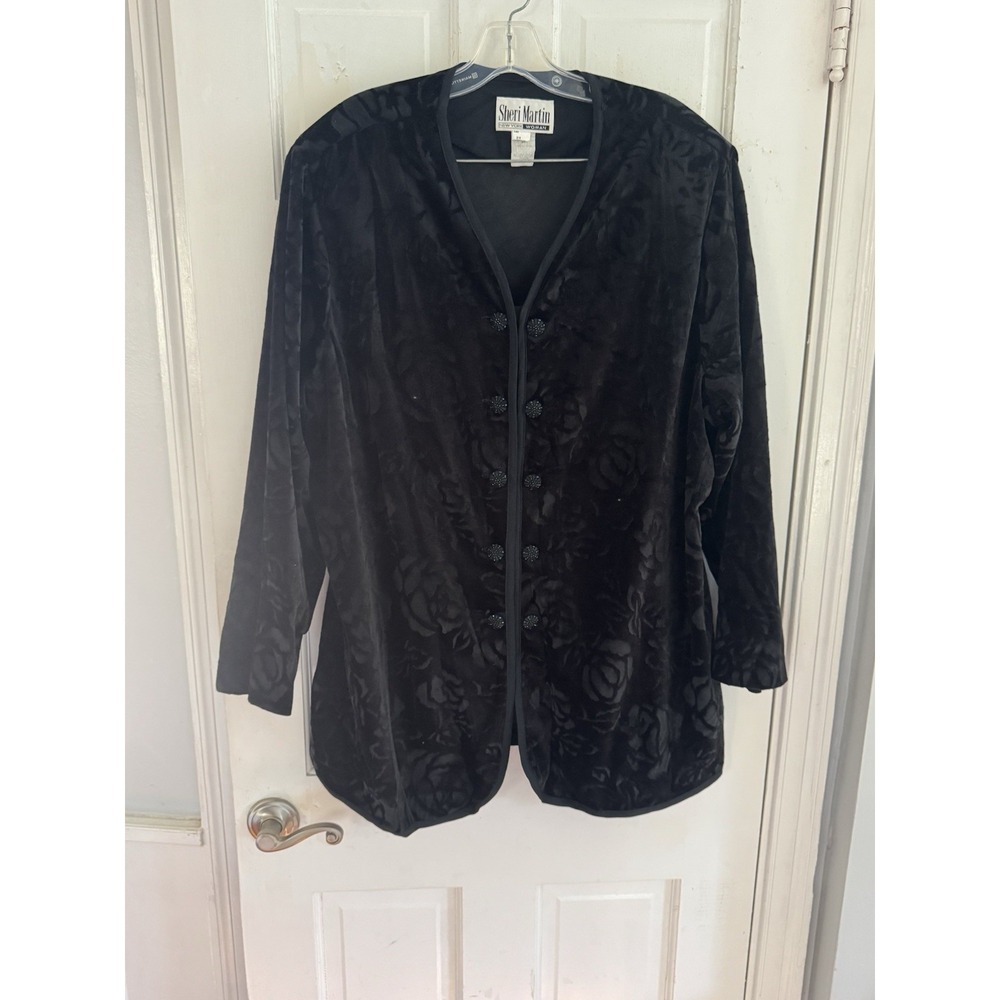 Sheri Martin Sz 24 Black Burnout Velvet Jacket Top Floral Button‎ Front Evening